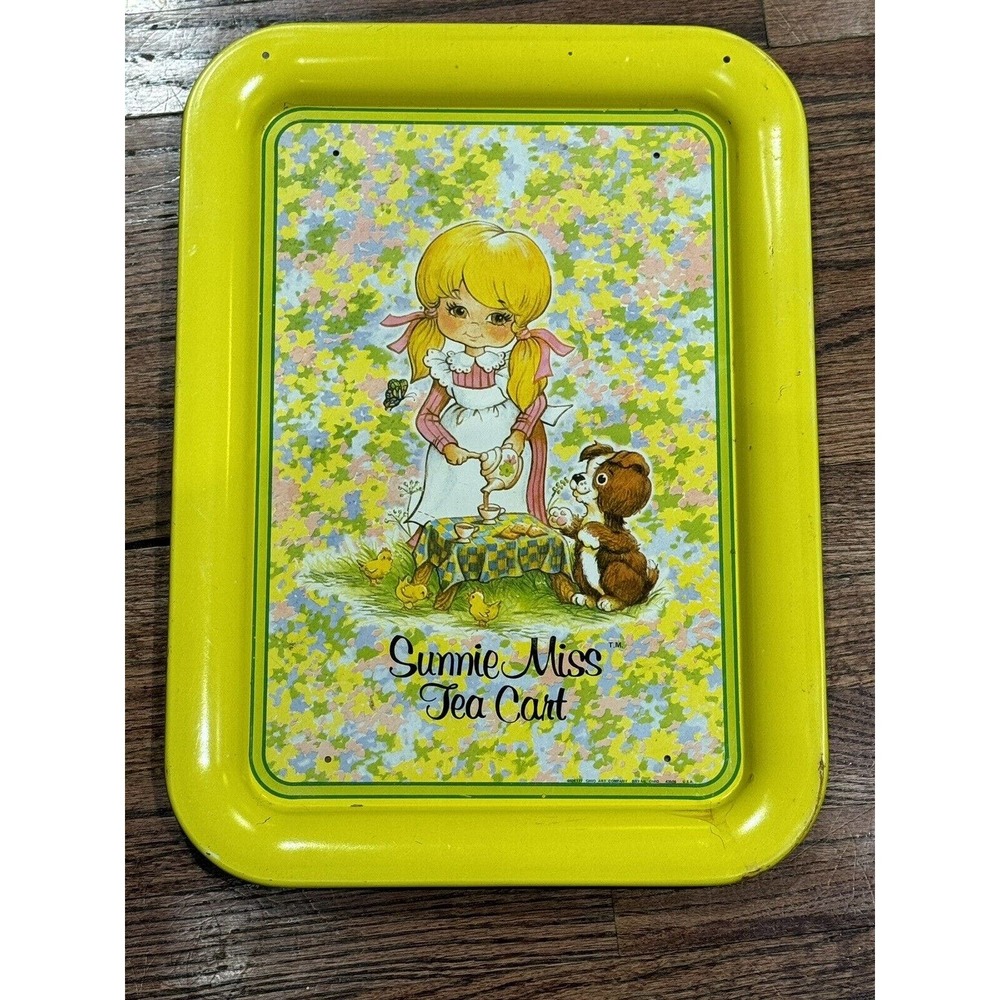 Vintage Metal Sunnie Miss Tea Time Tin Tray 1950’s Kids Shabby Chic Tray